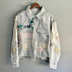 POL Patchwork Lace Denim Distressed Jacket Boho Chic Cottagecore Oversized Lg